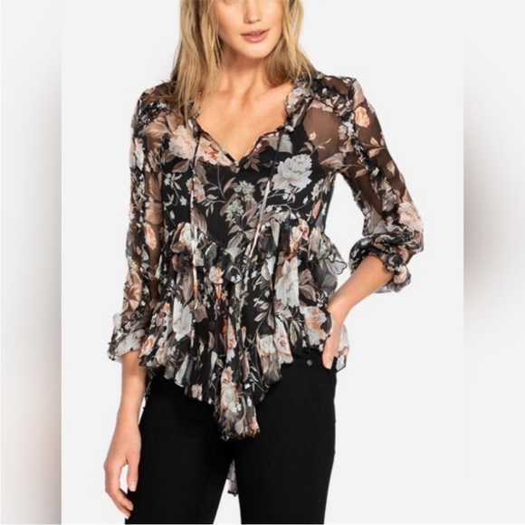 Johnny Was Love Semi Sheer Floral Top Blouse Tunic Asymmetrical Silk Size Large - Picture 1 of 12